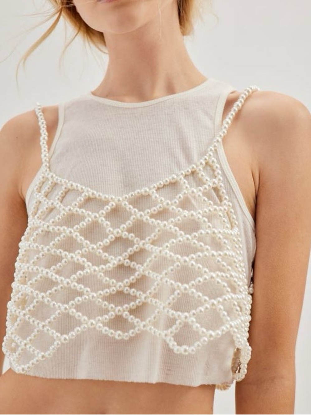 Urban Outfitters White Pearl Mesh Cropped Camisole